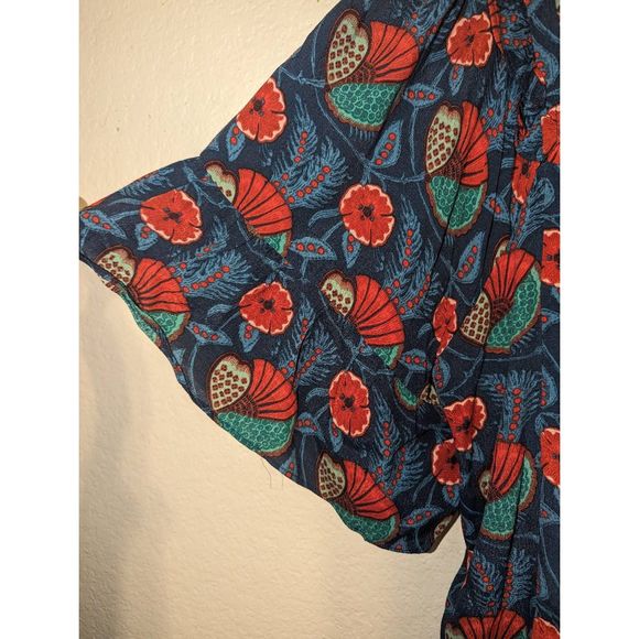 Women's Anthropologie Maeve XL Letitia Smocked Blouse Teal Poppy Babydoll Shirt - Picture 8 of 11